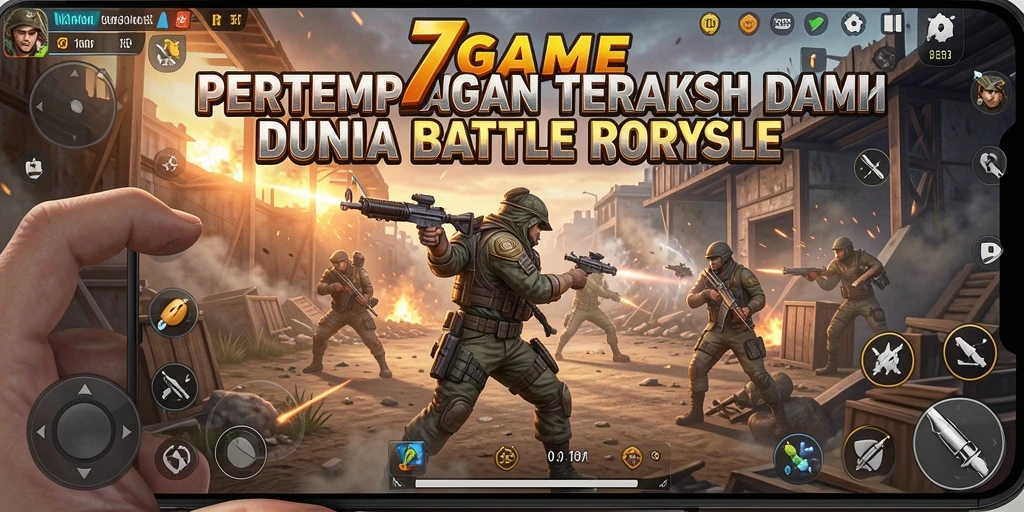 Tangkapan layar utama 7GAME menampilkan aksi pertempuran yang mendebarkan dalam Battle Royale.