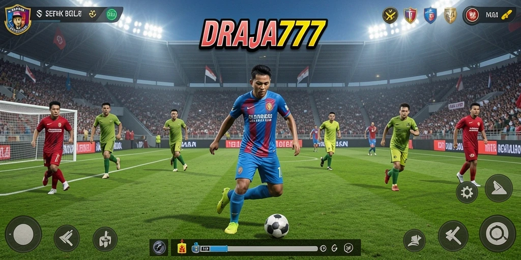Screenshot gameplay DRAJA777 menampilkan aksi seru di lapangan sepak bola.