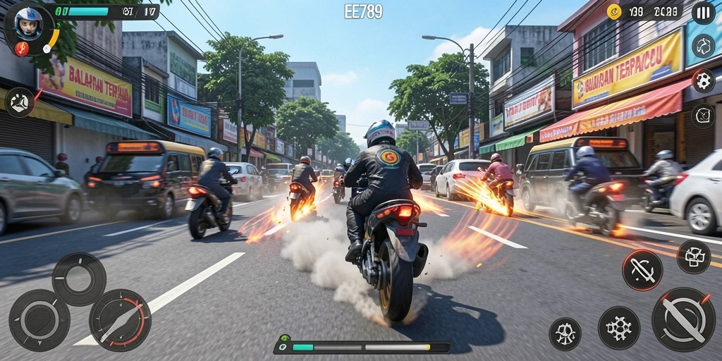 Tampilan gameplay mendebarkan di EE789 dengan balapan motor seru.