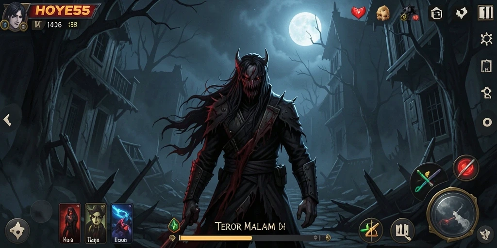 Screenshot gameplay HOYE55 menunjukkan suasana mencekam dan menegangkan.