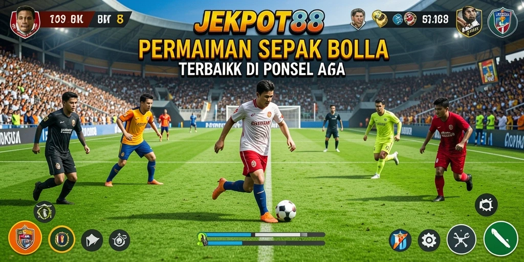 Screenshot gameplay JEKPOT88 dengan aksi sepak bola yang seru.