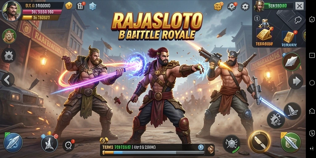Screenshot gameplay RAJASLOTO menampilkan pertarungan seru dalam mode Battle Royale.