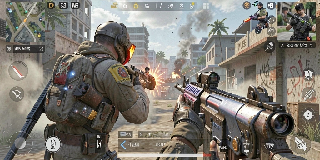 Tampilan gameplay menegangkan dari VV62 dengan aksi FPS intens.