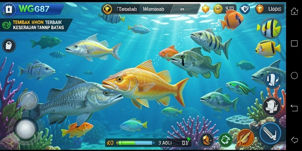 Tampilan gameplay WG87 dengan aksi menangkap ikan yang seru.